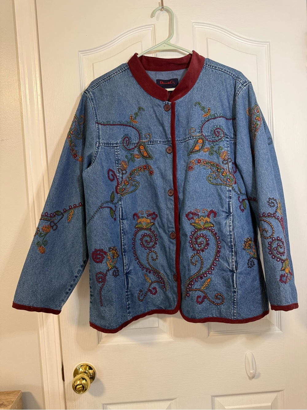 Denim&Co Blue Denim Embroidered Jacket with Burgundy Trim